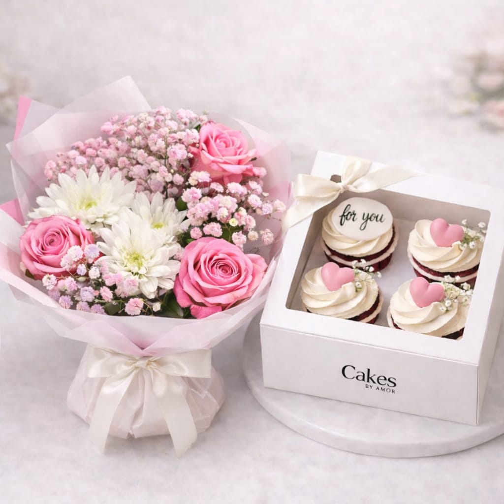 Pink Affair Bundle – Flowers and 4 Cupcakes